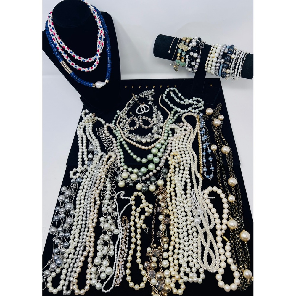 Vintage to Modern Pearl Necklace & Bracelet Gold & Silver Tone Beaded Lot of 30 - Picture 2 of 16